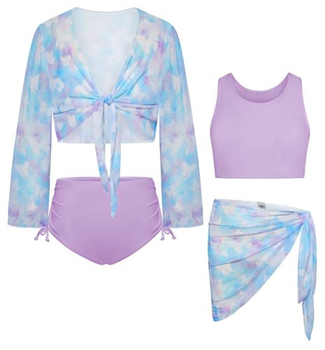 Image of GRACE KARIN Girls Bathing Suit Adjustable Taniki Swimsuit Tie Front 4 Piece Bikini Set with Kimono Cover Up 6-14