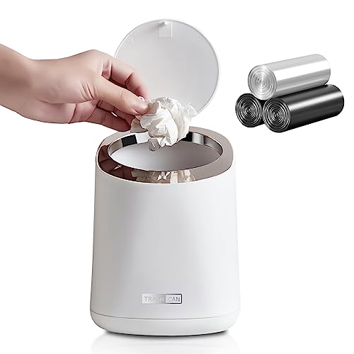 QLFJ-FurDec Mini Desktop Trash Can with 90 Trash Bags, Press-Type Countertop Wastebasket with Lid,...