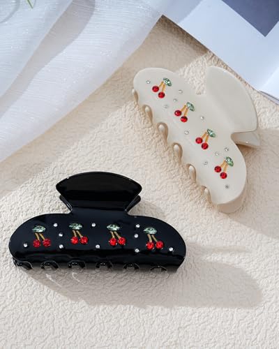 Mesovor 2 Pack Cherry Hair Claw Clips for Women 3.35 Nonslip Acrylic Cute Claw Clips with Rhinestone Pattern in Red Cherry Shape Hairclips (Cherry: Black Beige)