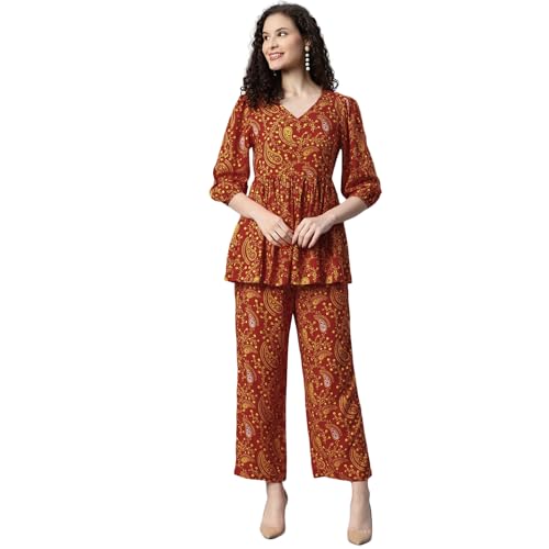 Image of DEEBACO Women's Paisley Print Rayon Top & Pants Co Ord Set For Women V Neck 3 /4 Puff Sleeve Ladies Party Casual Wear Fashionable For Girls Loose Fit Cord Set (DBCOMR00000988 XXL Multicolor)