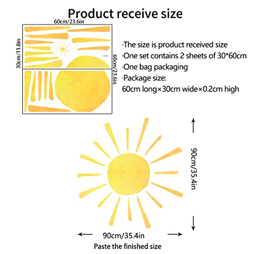 35.4" X 35.4" Watercolor Boho Sun Wall Decals Peel And Stick, Pvc Sunrise Wall Stickers, Yellow Sunshine Wall Art Decor For Kids Room Playroom Nursery Bedroom (Boho Sun-3) #TOP5