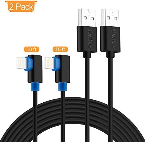 SUNGUY Right Angle Cable for iPhone,[2 Pack,10ft/3m] 90 Degree iPhone Charging Cable USB Cord Compatible with iPhone X 8 Plus 7 Plus 6/6s Plus 5S SE,iPad min 2 3 4 and More - Black