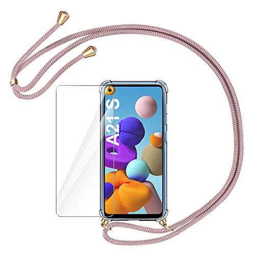 AROYI Funda con Cuerda para Samsung Galaxy A21s + Protector Pantalla, Carcasa Transparente TPU Silicona Case con Colgante Ajustable Collar Correa de Cuello Cordón para Samsung Galaxy A21s (Oro Rosa)