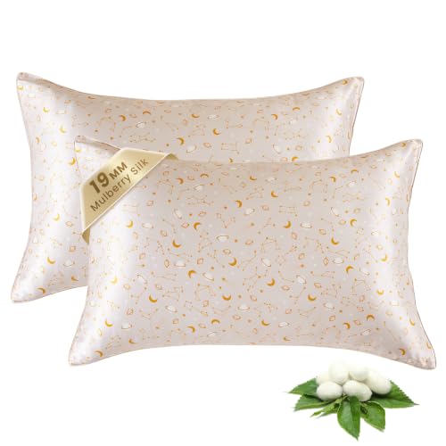Image of THXSILK Set of 2 Natural Mulberry Silk Pillowcase for Hair and Skin, Grade 6A+ Mulberry Silk, Durable, Soft and Breathable Silk Pillow Case (King 20 inchx36 inch, Peachy Beige Constellation Pattern)