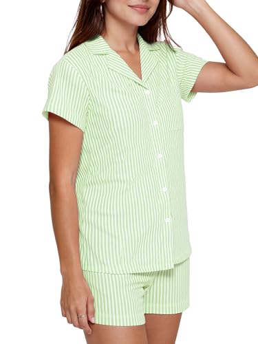 Image of Ammiko Womens Pajamas Set Y2k Loungewear Pajama Button Down Top and Shorts Monkey Beach Short Sleeve Preppy Sleepwear Green Stripe XS
