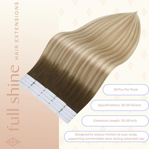 Image of Full Shine Hair Extensions Tape in, Brown Root Blonde Ombre 22 Inch | 50g 20PCS, Invisible Human Hair Tape in Extensions, Straight Remy Finish Thick Ends Smooth Texture for Party Styling