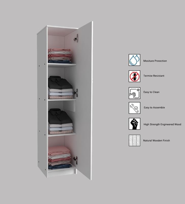 Image of Sonic Multipurpose 1-Door Wardrobe | Engineered Wood | 4 Spacious Shelves & Drawer | White Finish | Compact & Durable | Easy Knock-Down Assembly