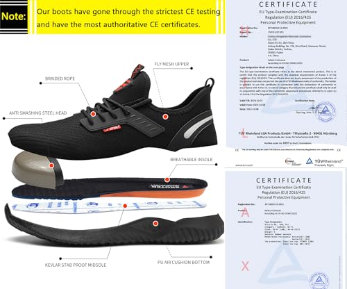 Foto von HILAX Sicherheitsschuhe Arbeitsschuhe Herren Damen Leicht Stahlkappenschuhe Sportlich Schutzschuhe rutschfeste Atmungsaktiv Stahlkappe Sneaker Schwarz 43 EU