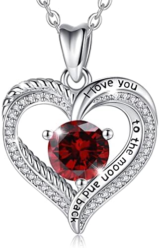 EUDORA January Birthstone Necklace for Women Girls Mothers, 925 Sterling Silver Ruby Necklaces Heart Pendant I Love You Jewelry, Anniversary Birthday Gift for Her Wife Mom Daughter Grandma Sisters