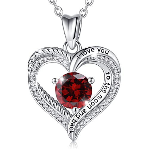 Eudora January Birthstone Necklace For Women Girls Mothers, 925 Sterling Silver Ruby Necklaces Heart Pendant I Love You Jewelry, Anniversary Birthday Gift For Her Wife Mom Daughter Grandma Sisters #TOP7
