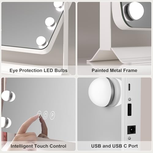 Hollywood Vanity Mirror with Lights, 60x53cm Lighted Makeup Mirror with 15 Dimmable Bulbs, 360° Rotating, 3 Lighting Modes, Smart Touch Control, USB & Type C Output Port, Gift for Women and Girls - Cosy Home Interiors Hollywood Vanity Mirror with Lights, 60x53cm Lighted Makeup Mirror with 15 Dimmable Bulbs, 360° Rotating, 3 Lighting Modes, Smart Touch Control, USB & Type C Output Port, Gift for Women and Girls - Image 8