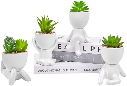 LJMBOEN 4 PCS Cute Fake Succulent with Creative Human Shaped Pots,Mini Ceramic Plant Potted Succulents for Women Men,Faux Succulents Plants for Office,Home,Bathroom and Shelf Decor (White)