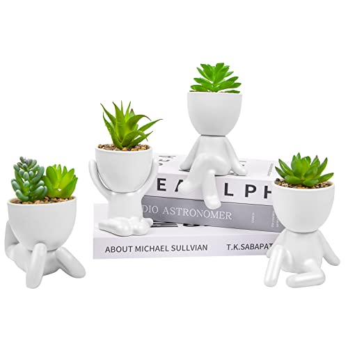 Ljmboen 4 Pcs Cute Fake Succulent With Creative Human Shaped Pots,Mini Ceramic Plant Potted Succulents For Women Men,Faux Succulents Plants For Office,Home,Bathroom And Shelf Decor (White) #TOP15