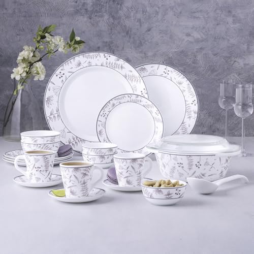 Image of Larah by Borosil 49pc Opalware Grandeur Dinner Set for Family of 6 | Microwave & Dishwasher Safe Crockery Set for Dining & Gifting | Plates & Bowls
