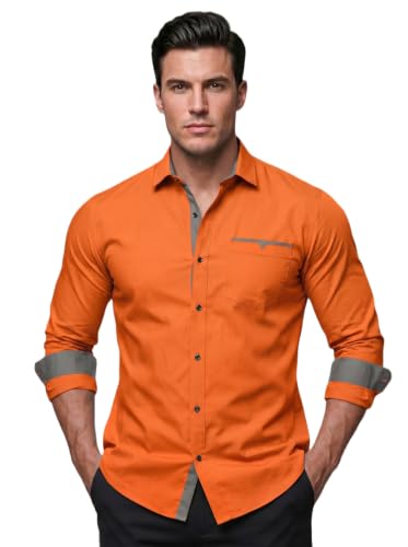 Image of Men's Cotton Blend Shirt with Solid Long Sleeves Spread Coller Neck Regular Fit Single Chest Pocket and Standard Length | Cotton Casual Shirt for Man