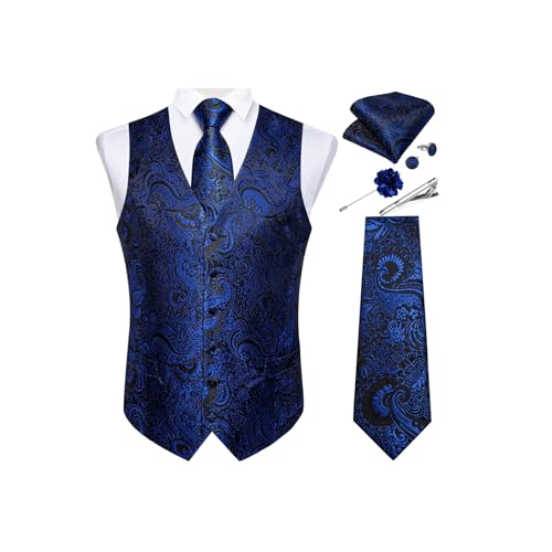 DiBanGu Mens Vest and Tie Set Formal Paisley Waistcoat and Necktie Pocket Square Cufflinks Silk Suit Vest for Tuxedo Wedding, Royal Blue and Black, X-Large