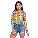 Cartoon Owl Checkered See Through Tops for Women Mesh Sheer Tops Long Sleeve Women Blouse Zipper Handle Beach Camping Swimming Pool Size M