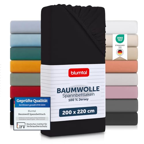 Blumtal® Basics Spannbettlaken 200x220x30cm Jersey - Bettlaken aus 100% Baumwolle - Oeko-TEX zertifiziertes Spannbetttuch 200x220cm - Schwarz