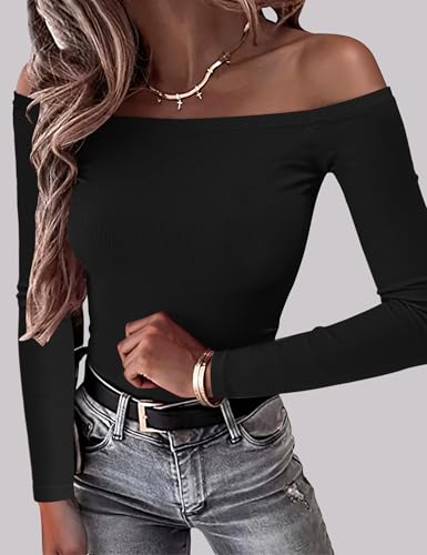 OwnTime Womens Off The Shoulder Tops Sexy Long Sleeve Shirts Fall Ribbed Knit Slim Fit Going Out Trendy Tops Blouses3