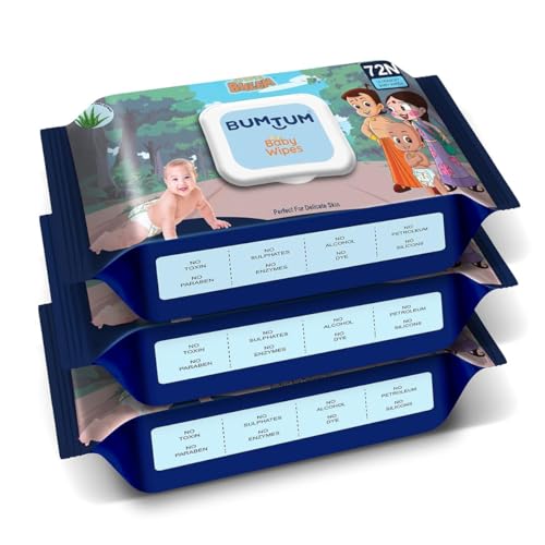 Bumtum Baby Chota Bheem Gentle Soft Moisturizing Wet Wipes With Lid | 20 X 14Cm, Aloe Vera & Chamomile Extracts | Paraben & Sulfate Free (Pack of 3, 72 Pcs. Per Pack)