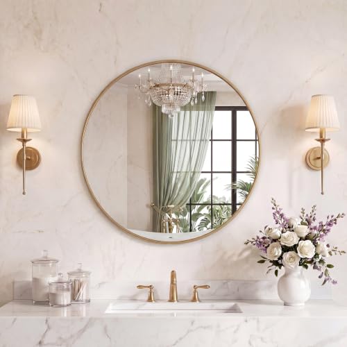 Image of Sweetcrispy 24 Inch Round Wall Mirror, Bathroom Mirrors for Over Sink, Matte Metal Framed Circle Vanity Mirror, Wall Decor for Bedroom, Entryway, Anti-Rust, Tempered Glass, Hanging or Leaning, Gold