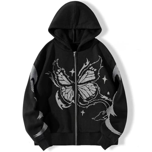 New Y2K matrix butterfly printed zipper sweater, men's casual loose street style comfortable and versatile fashion hoodie.
