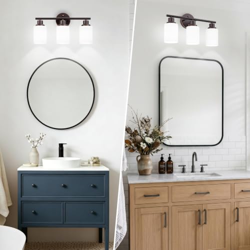 Image of 3-Light Bathroom Light Fixtures, Oil-Rubbed Bronze Gold Vanity Lights for Mirror with Textured Milky White Glass Shade, Modern Kitchen Light Fixtures Wall Sconce Light - E26