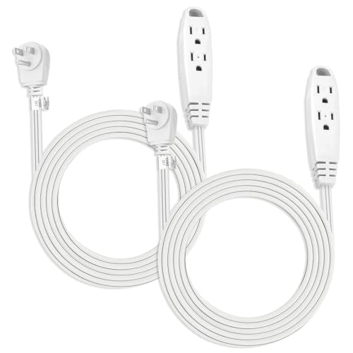 Aurum Cables 3 Outlet Flat Extension Cord for Indoor, 3 Prong Extension Cord with 16AWG 125V 1625W, UL Listed Triple Wire Grounded Multi Outlet Plug 6ft White 2 Pack