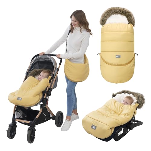 LAT Saco Silla Paseo Universal, Saco Carro Bebe Invierno con Sección Extensible Extraíble, Impermeable Saco Invierno Silla Paseo para Cochecito Carrito (Cuello de Pelo, Amarillo)
