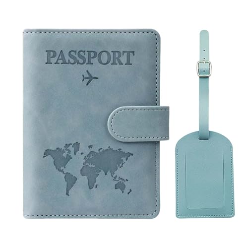 JUGUTA Porta Pasaporte Con Identificador De Equipaje, 1 Tarjeta De Embarque De Cuero + 1 Funda Para Pasaporte, Cubierta De Viaje Con Bloqueo Rfid Para Tarjetas De Crédito, Identificación, Billetes De