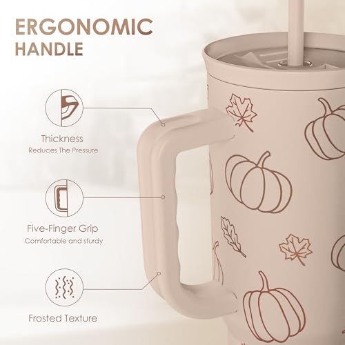 Image of SANDJEST Pumpkin Tumbler with Handle and Straw 40oz - Stainless Sleel Slider Tumbler Travel Coffee Mug for Women - Gift Idea for Fall Autumn Halloween