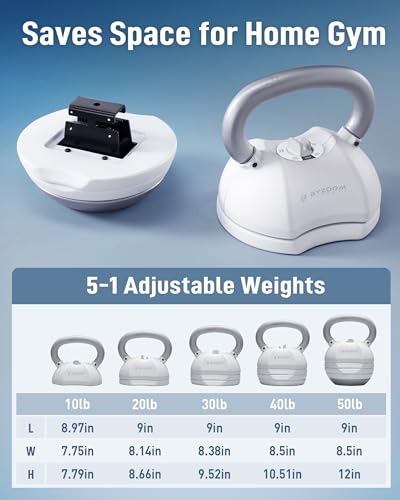 Image of BYZOOM FITNESS Pure Series Adjustable Kettlebell 30 /40 /50LB - 5-IN-1 Weight Change, Patented Quick-Change Machenism, Ergonomic Curved Handle for Home Gym, Strength Training, HIIT, White OR Black