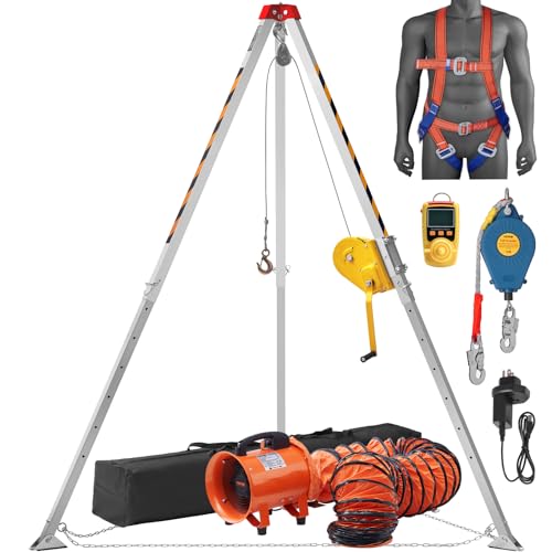 Image of VEVOR Confined Space Tripod Kit, 2600 lbs Winch, Confined Space Tripod 8' Legs and 98' Cable, Confined Space Rescue Tripod 32.8' Fall Protection, Harness, Blower, Gas detector