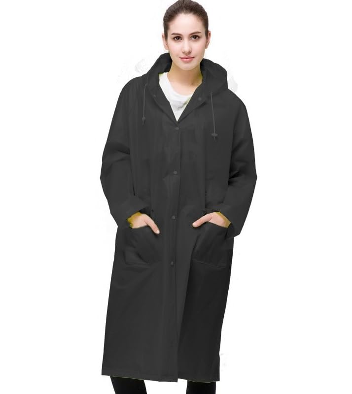 Black EVA Poncho Raincoat for Women Lightweight Waterproof Coat with Hood, Adjustable Drawstring, Button Closure Reusable & Durable Outdoor Rainwear-image-33