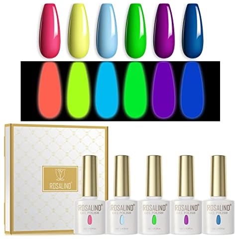 ROSALIND Glow in the Dark Gel Nail Polish Set 6 Glow Neon Colors with 4PCS Glossy & Matte Top Coat Base Coat and Nail Prime, Summer Neon Glow Gel Polish Neon Luminous Pink Green Gel Polish Glow Dark Cover