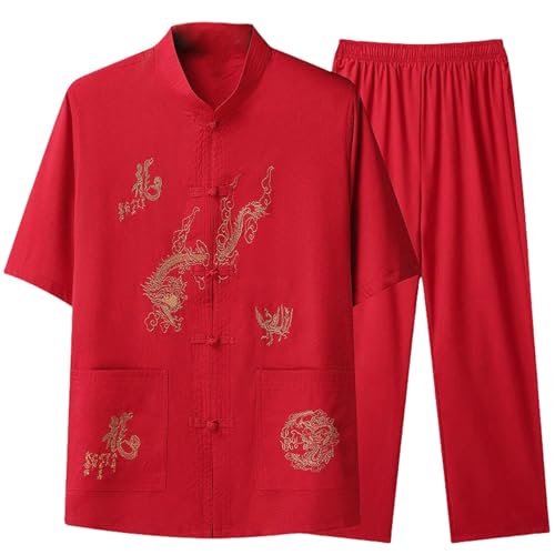 Costume d'été pour hommes style chinois manches courtes veste et pantalon chanvre rouge M