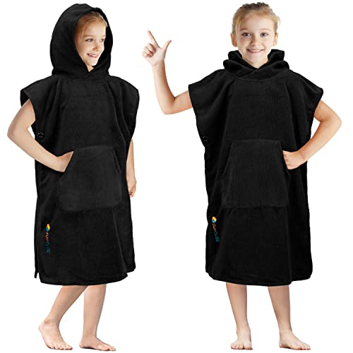 SUN CUBE Kids Changing Robe Surf Poncho, Kids Beach Towels, Hooded Towel for Toddler Bath Pool, Microfiber Quick Dry Wearable Towel Poncho with Hood, Swim Towel for Boys Girls 3-7 Years, Black