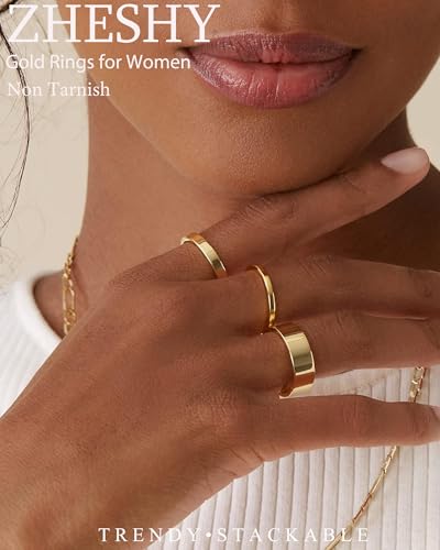 ZHESHY Stackable Silver Gold Rings for Women Non Tarnish 14K Gold Plated Cigar Plain Band Rings Set Dainty Stacking Thumb Rings Wedding Bands Size 6-10 — view 2