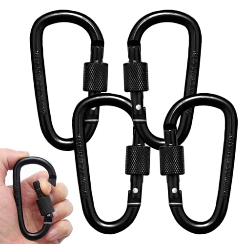 4 Pcs Mosqueton,Carabiner,Mosquetón con Cierre de Rosca,Mosquetones Aluminio Mosqueton Llavero Tipo D,Hebilla Colgante Multiusos,para Mochileros Camping Pesca Senderismo Viajes-Negro