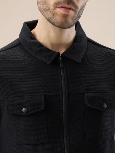 Image of Status Quo Men's Solid Textured Regular Fit Shacket with Zipper Clouser | 100% Polyester