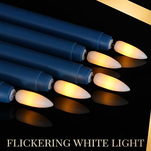 Image of Macarrie 24 Packs Flameless Taper Candles Battery Operated Fake 11 Inch Long Candlelight LED Flameless Candlesticks Flickering Tapered for Summer Fall Wedding(Blue)