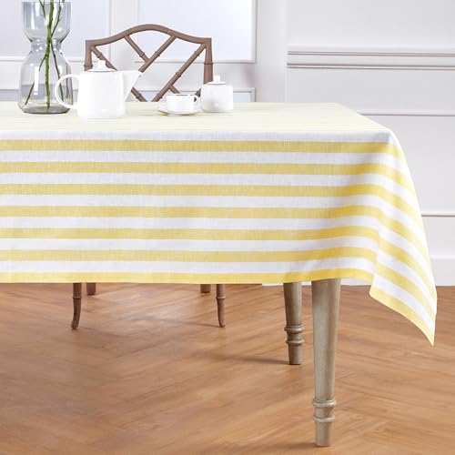 Solino Home 100% Linen Tablecloth, 60 x 108 in, Yellow and White Striped