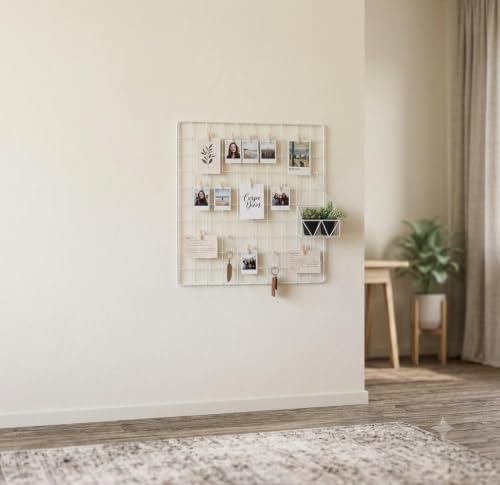 Image of Metal Wire Grid Photo Display Frame for Wall | 30 x 30 CM White Iron Mesh Memo Board | Wall Mounted Picture Organizer for Photos, Notes, Postcards, Artwork, Bedroom, Office & Home Decor