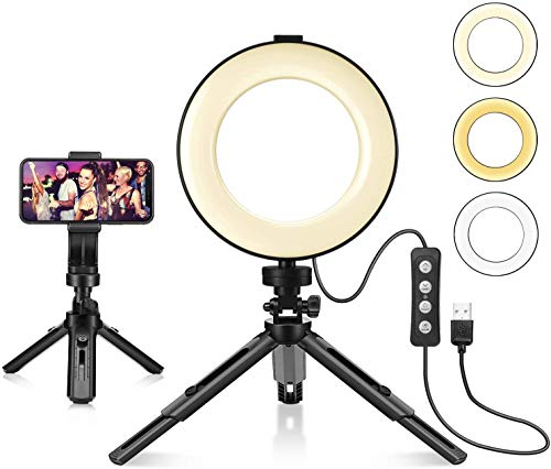 KIPTOP - Anillo de luz con trípode para Selfie/Makeup Live Stream y YouTube Video (cámara LED regulable con 3 modos de luz, 11 niveles de brillo y soporte para móvil)