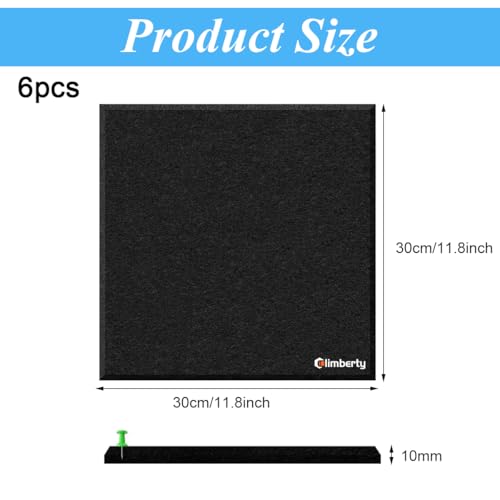 Image of Climberty 6Pcs Black Felt Bulletin Board, 30x30cm Self-Adhesive Wall Boards with 50pcs Drawing Pins, Felt Message Board for Paste Notes, Photos, Schedules (Black)