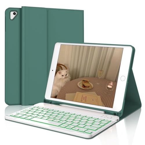 IVEOPPE Funda Teclado iPad 6 Generación 9.7 2018, Teclado Español Ñ Bluetooth Retroiluminados Desmontable para iPad 6/5 Gen 2017/Air 2/Air 1/Pro 9.7, Verde Oscuro
