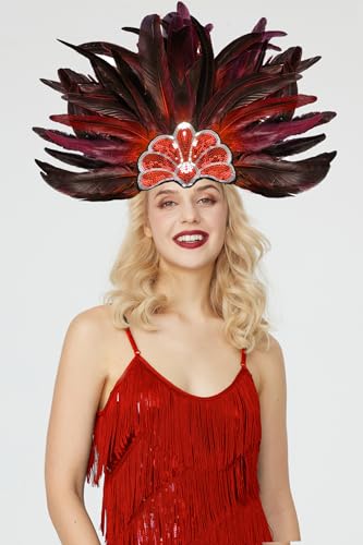 Gionforsy Carnival Headpieces for Women Show Girl Feather Caribbean Headdress Mardi Gras Accessories 1920s Flapper Headband (Red, One Size)