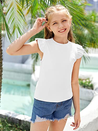 Meilidress Kids Girl's Crew Neck Sleeveless Tops Ruffle Trim Solid Color Cute T-Shirt Blouse Pullover 5-14 Years White #TOP4