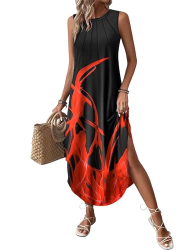 Image of Zeagoo Women Floral Summer Casual Beach Printed Tank Dress with Pockets Pleated Front Long Dress