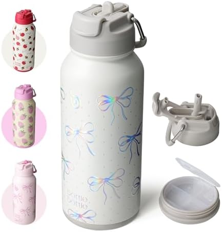 BOTTLE BOTTLE Edelstahl Trinkflasche 850ml Strohhalm&Pillenfach Sport | Glitzer-Schleife Isolierflasche auslaufsicher mit Direkttrinken BPA-frei, Thermoflasche für Fitness, Outdoor